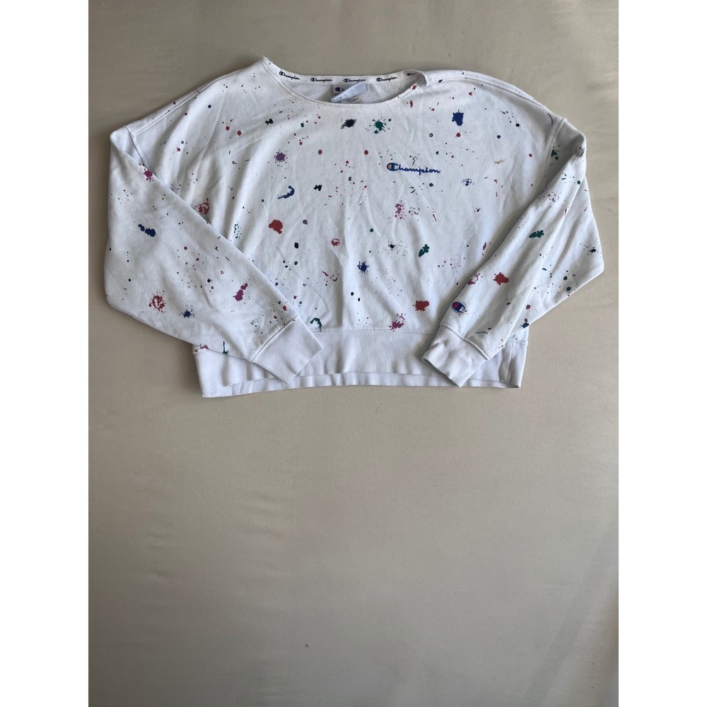 Champion White‎ Paint Splatter Cropped Sweatshirt Womens Small Pullover Logo